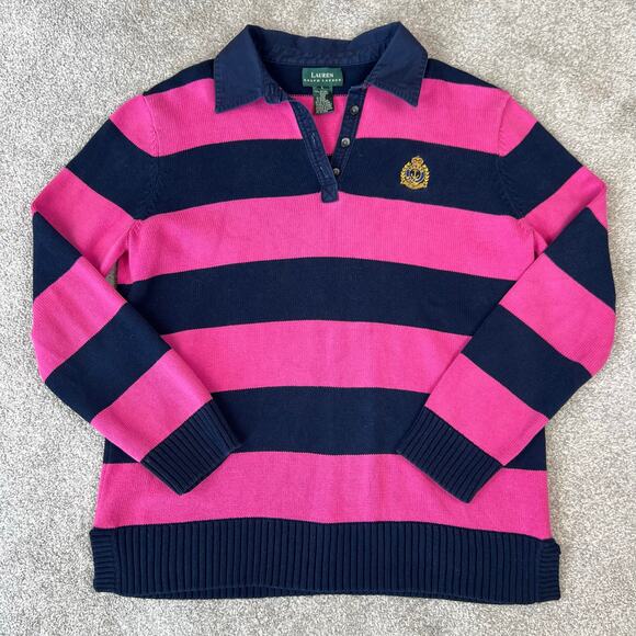 Lauren Ralph Lauren Pink Navy Blue Striped Collared V-Neck Sweater (Sz L) - Picture 11 of 14